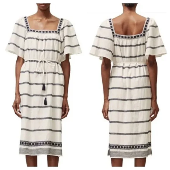 Tory Burch Linen Embroidered Belted Tassel Boho Dress - Picture 11 of 11